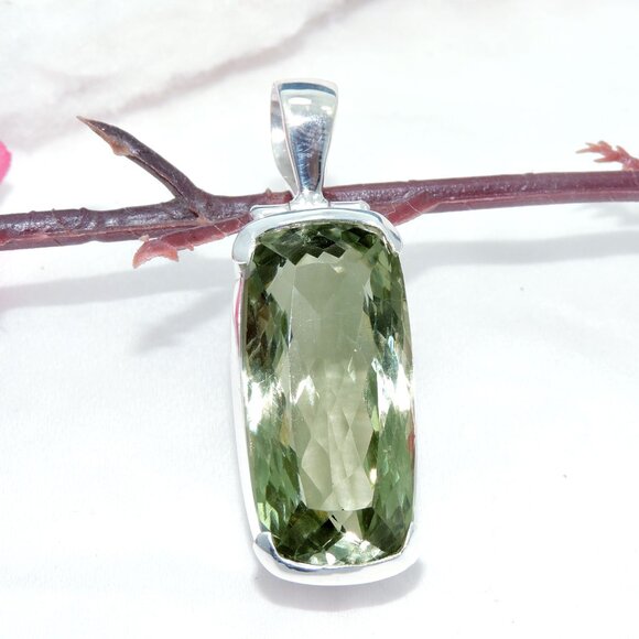 Green Amethyst Cut Pendant, 925 Sterling Silver, Green Cushion Cut Big Pendant - Picture 2 of 6